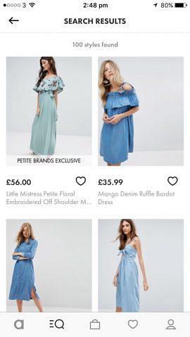 Search results in ASOS app include a selection of blue floaty dresses for adult women. Four options are visible in the screenshot shown here, one of which is a ‘petite brands exclusive’.