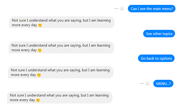 frustrating user interaction with a chatbot on Facebook Messenger