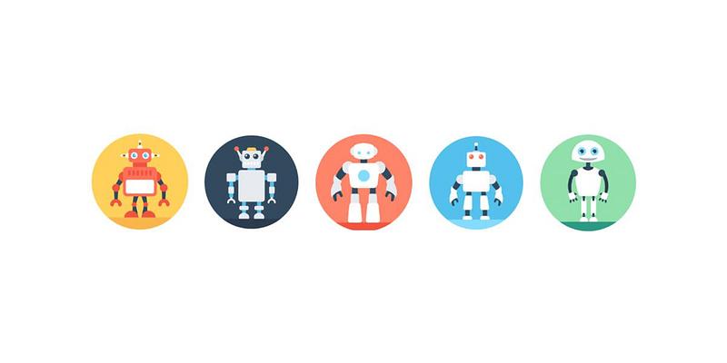 Five robot icons in a line