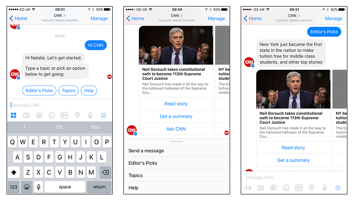 user interaction with CNN news chatbot on Facebook Messenger