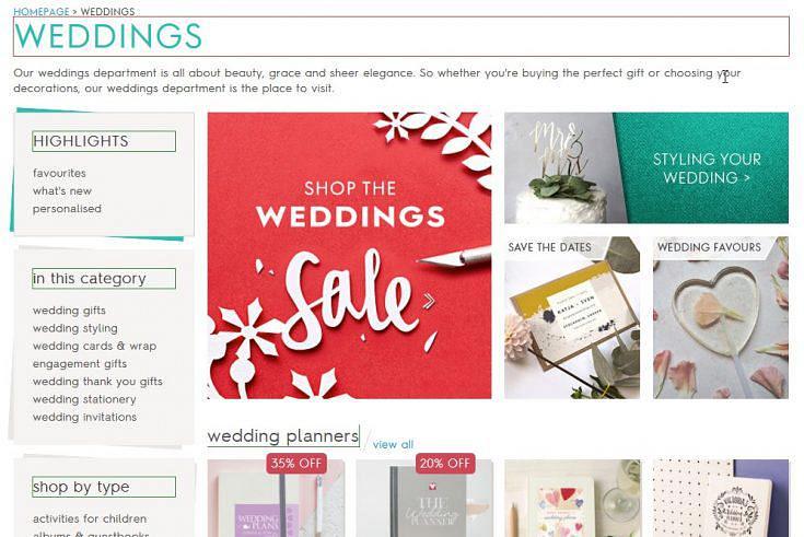Heading layout on the wedding category page on notonthehighstreet.com