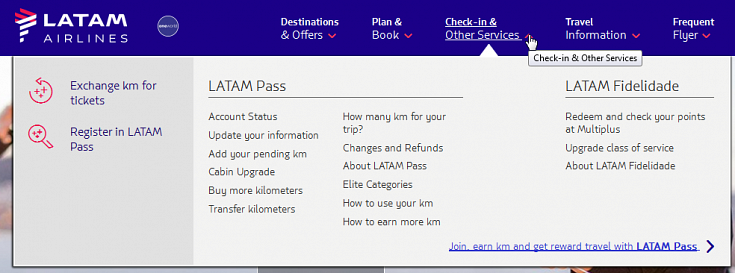 Latam Airlines menu