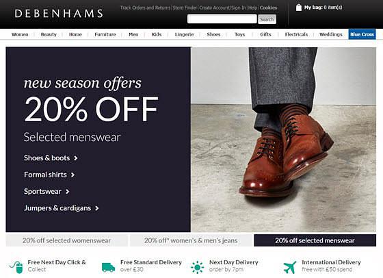 Debenhams homepage carousel – offer ‘statements’ directly beneath act as carousel controls