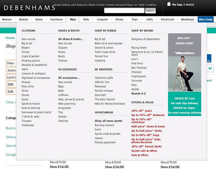 The ‘Men’ dropdown menu with ‘Clothing’ category containing 21 items