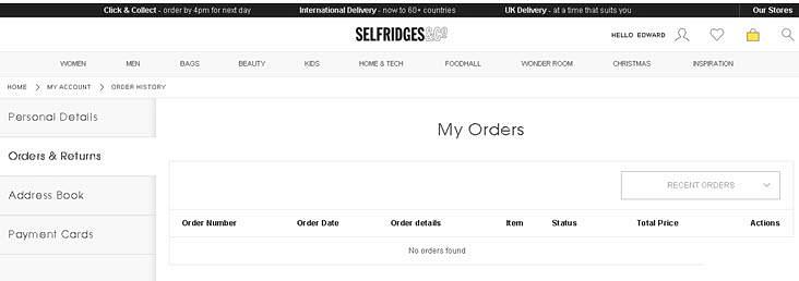 My orders page within my account