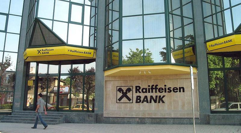The outside wall of Raiffeisen Bank's building