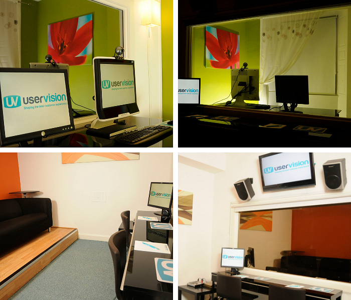 A collage of photos showing a user testing studio set up with monitors with front facing cameras and one way mirror and the observing room behind it