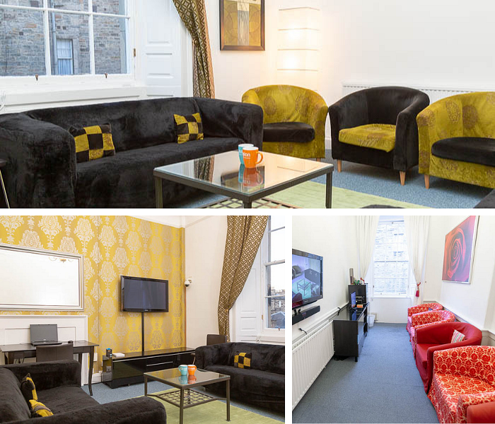 A collage of photos showing three lounge rooms set up with sofas and arm chairs