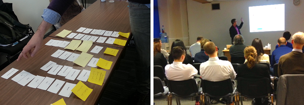 A collage of photos showing post-it notes on a table and a person giving a presentation to an audience