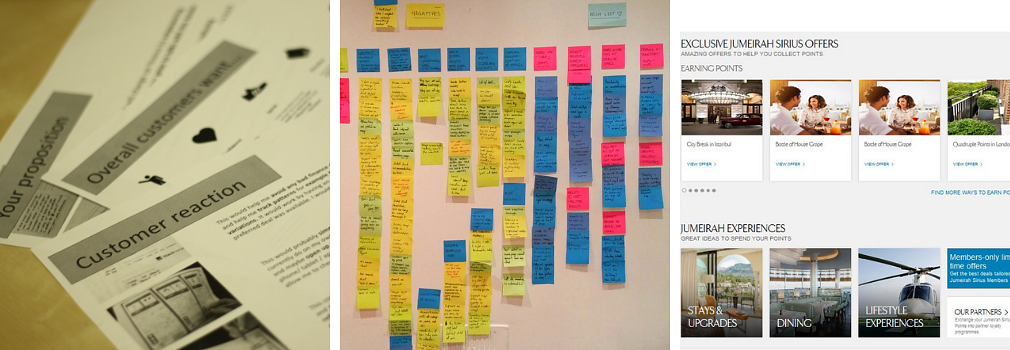 A collage of photos showing documents on a table, post it notes on a wall and a website listing in lanes
