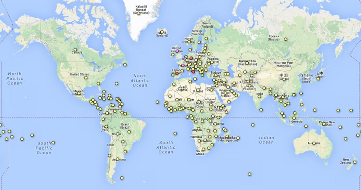 A map of the world detailing the locations of respondants to the EC Top Tasks survey