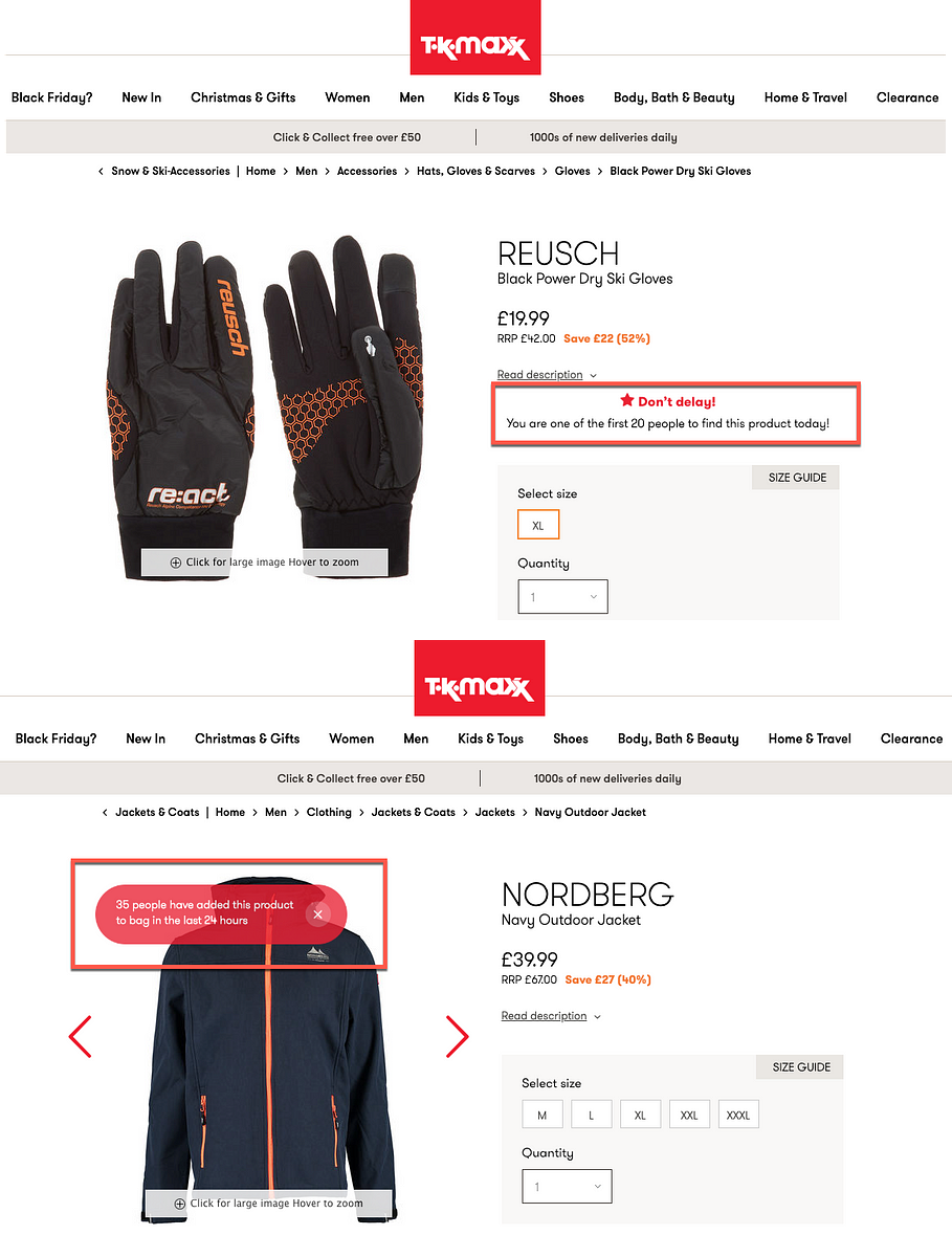 Examples of "Social Proof" whilst purchasing gloves and a jacket on the TK Maxx website