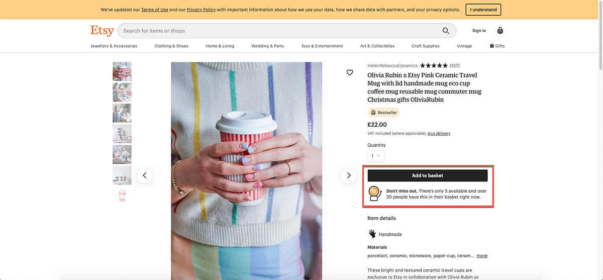 Example of scarcity on the "Etsy" website