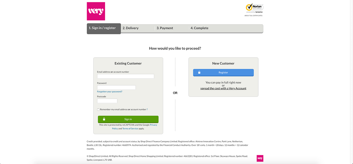 Example of lack of Guest checkout on the "Very.co.uk" website