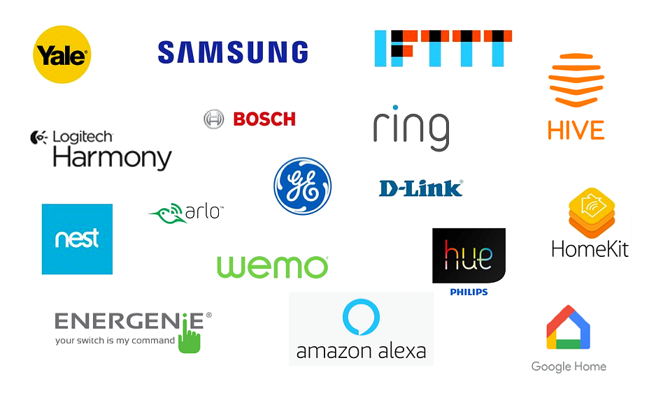 Logos of some of the smart home providers including nest, Hive, Philips Hue, Ring, Google home and Amazon Alexa. 