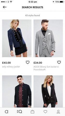 ASOS search results are all military style jackets with large round buttons.