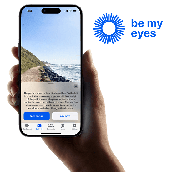 "Be My Eyes" app running on an iPhone, describing a coastline image