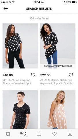 ASOS search results are all tops with large white spots, some of which are maternity.