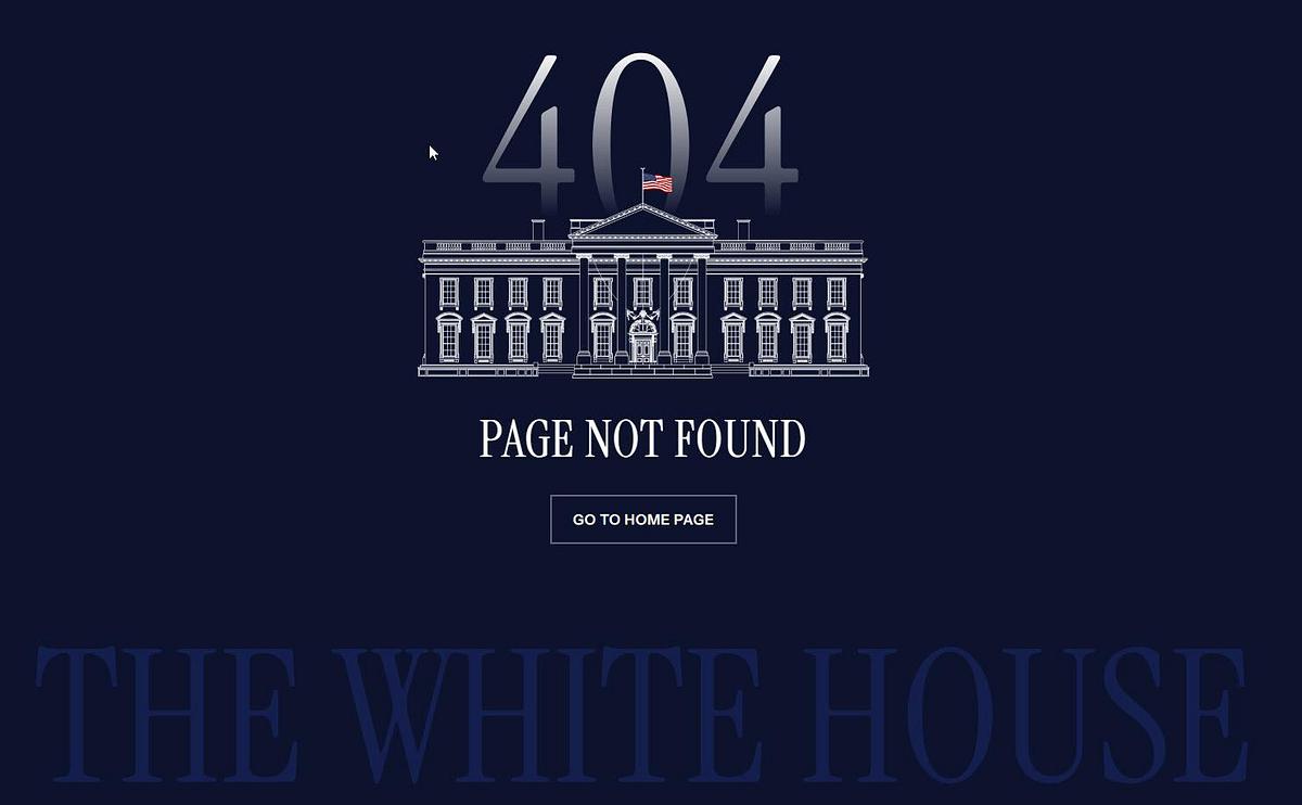 The White House website Accessibility Statement page showing as a 404 Error page on the first day of President Trump's  second term in office.