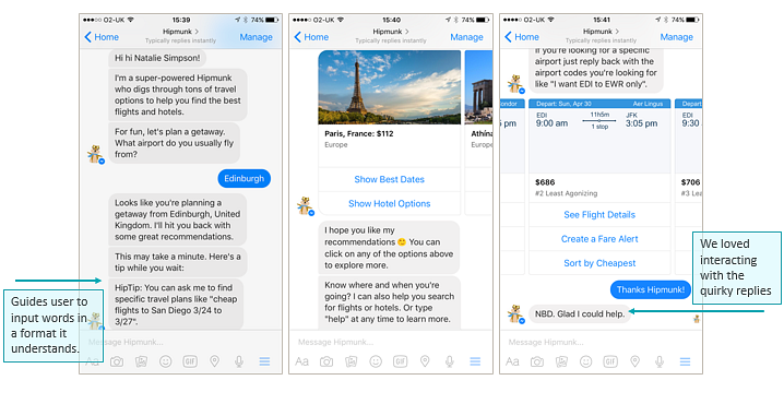 User interaction with Hipmunk the travel chatbot.)