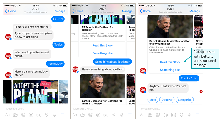 interaction with CNN news chatbot via Facebook Messenger