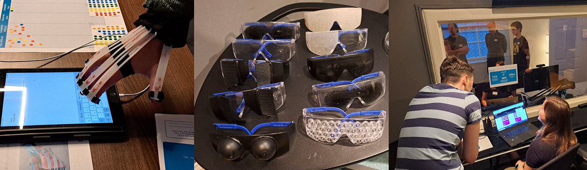 People working woth empathy tools including gloves, glasses and screen readers