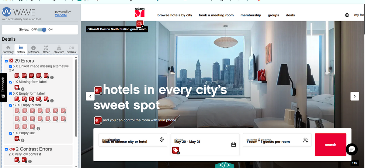 the CitizenM website home page showing how the WAVE tool highlights accessibility issues