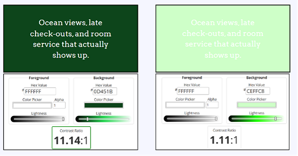 two identicial pictures, one with a contrast ratio of 11.14:1 and the other which is impossible to read with a ratio of 1.11:1