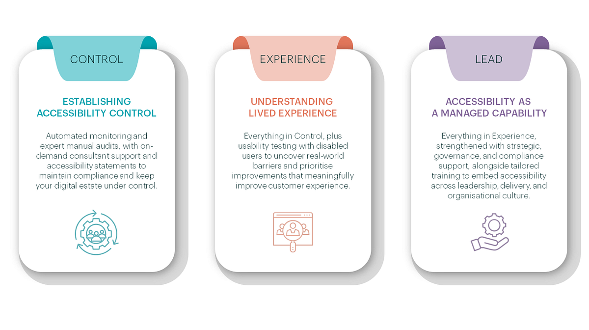 Three tiers: 1. Control - Establishing Accessibility Control.  2. Experience - Understanding lived experience3. Experience - understanding lived experience.  Each described in full in the text below.