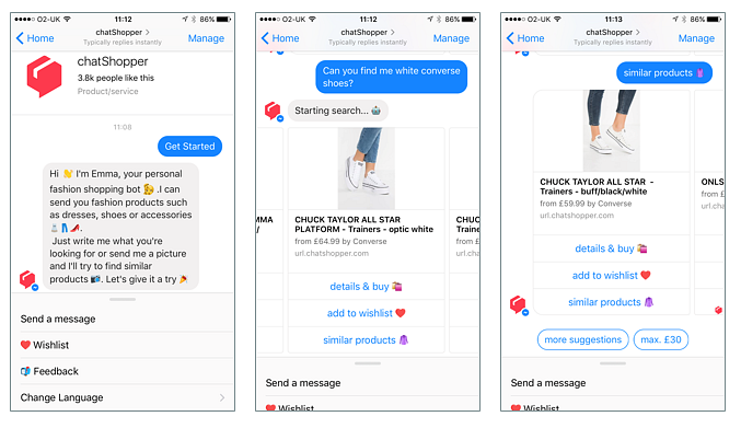 User interaction with personal stylist chatbot ‘chatShopper’ on Facebook Messenger