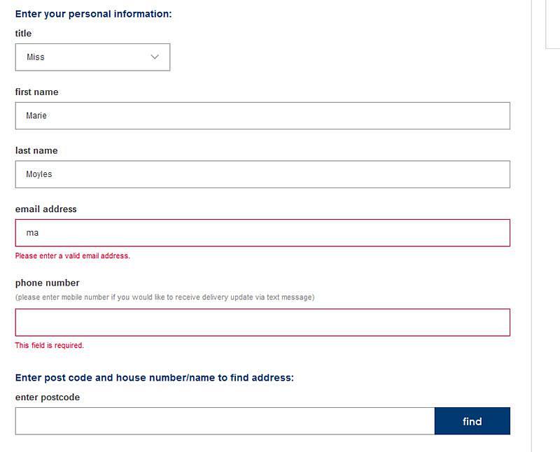 Errors appearing in red text on the delivery information form on mothercare.com