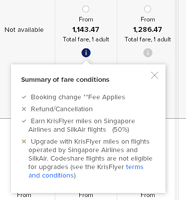 Summary of fare conditions modal window 