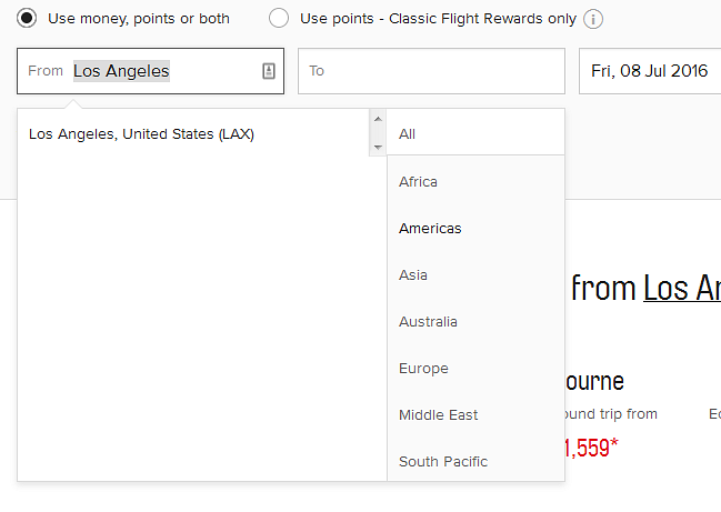 The region/continent section of the airport drop down menu.