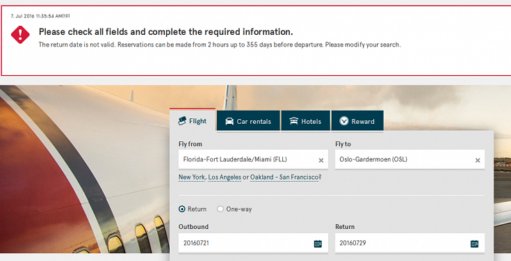 Error message for date selection reads: ‘Please check all fields and complete the required information. The return date is not valid. Reservations can be made from 2 hours up to 365 days before departure. Please modify your search.’