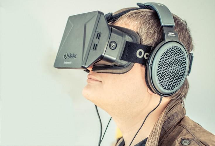 User wearing Oculus Rift headset and headphones