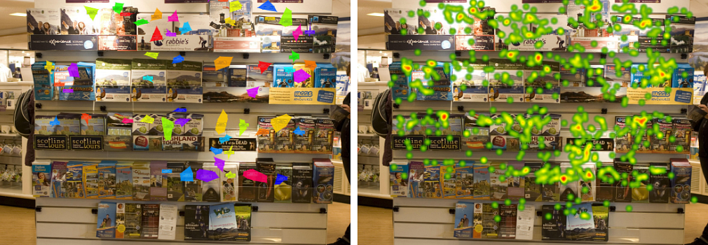 A picture of map leaflets on a shelf next to the same image overlaid with  a heat map showing the results of the eye tracking study