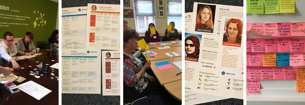 A collage of photos showing people sitting around a table, writing on a piece of paper or holding up yellow cards, documents on a table and post it notes on a wall